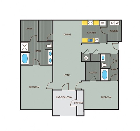 Floor plan for 2 beds, 2 baths, 1711 sqft